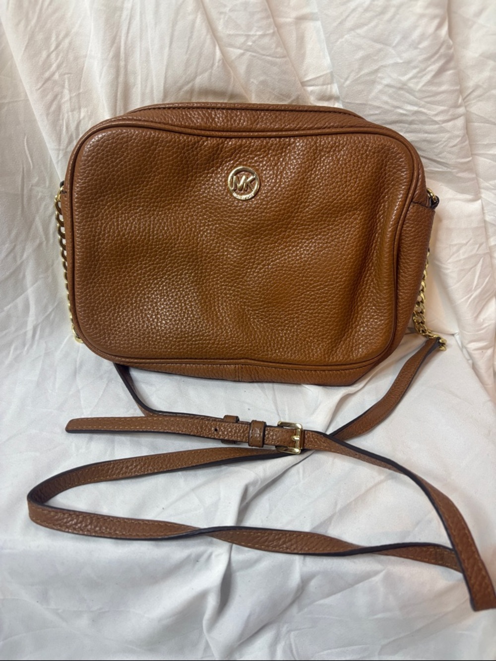 Michael Kors Cognac Pebbled Leather Crossbody with Gold Chain Trim